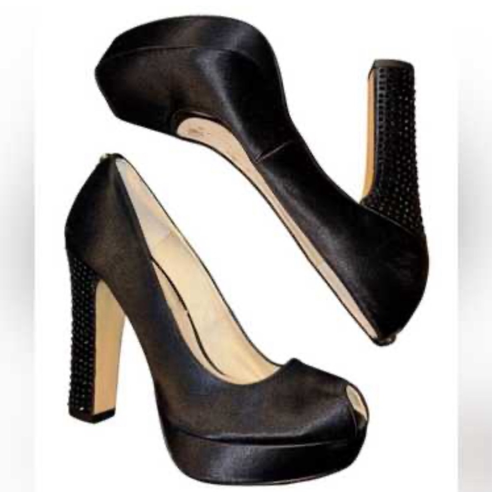 Michael Kors Black Satin Platform Studded Block Heel Pumps - Picture 9 of 10